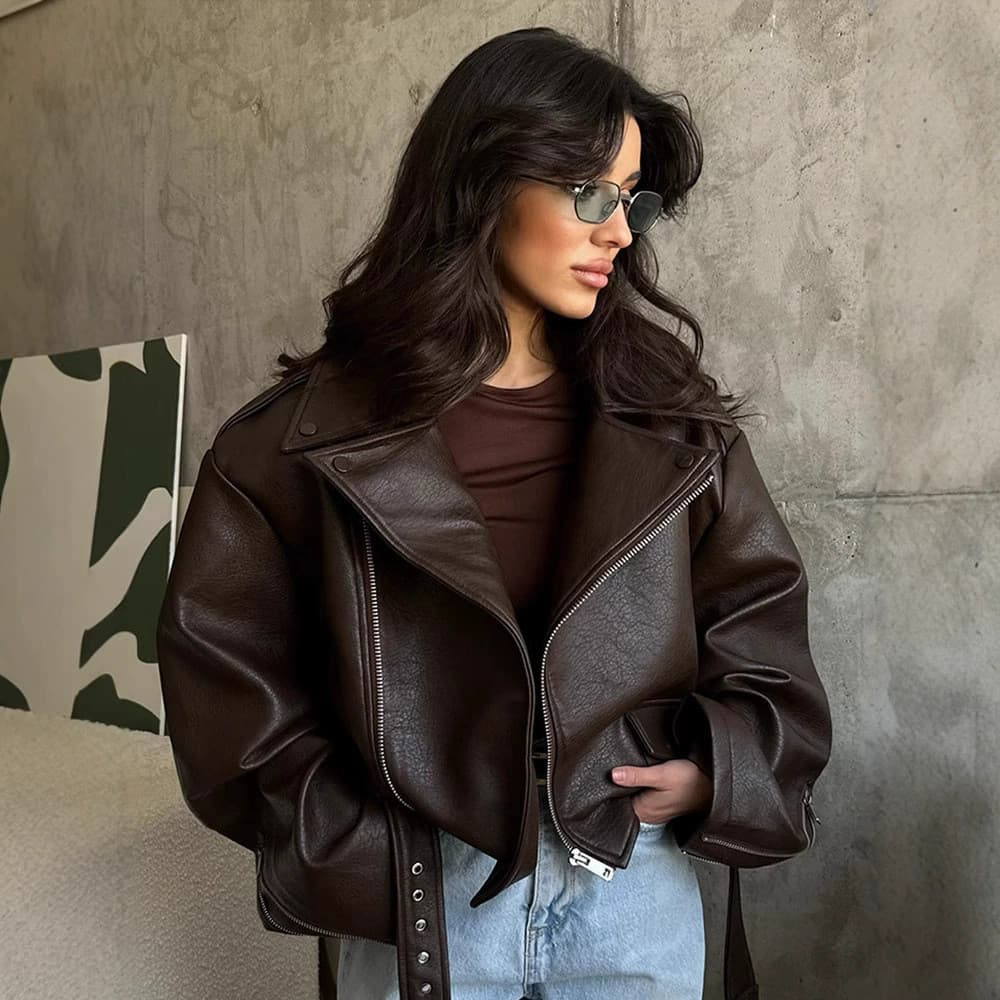 Jaqueta de couro curta com cadarço roupas femininas estilo motocicleta novo estilo na moda INS jaqueta primavera outono