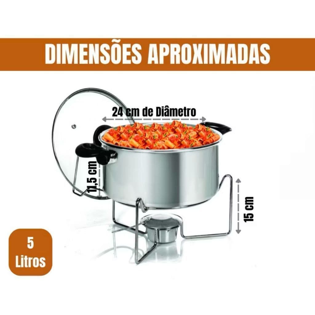 Panela Rechaud 5 Litros Com Tampa De Vidro Para Buffet Eventos Restaurantes Bares Cozinha