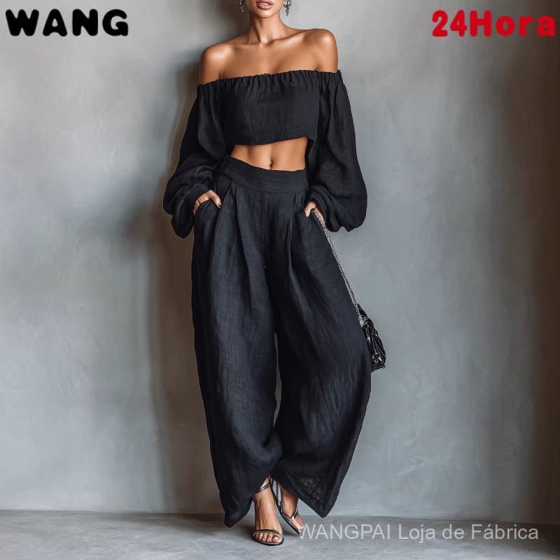 Conjunto Feminino de Duas Peças: Top Curto Ombro a Ombro em Cor Sólida + Calças de Perna Larga