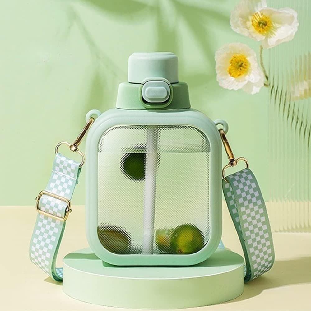 Garrafa de Água Transparente Quadrada NUFR 24 Oz, Cantil Portátil Fofo para Viagem com Alça Ajustável 700ml (Verde)