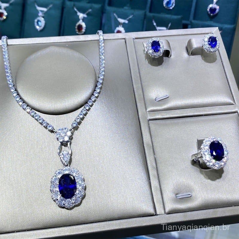Novo modelo 113 com parte traseira selada # Espinela azul, coríndon azul, anel aberto de luxo com diamantes, pingente fe