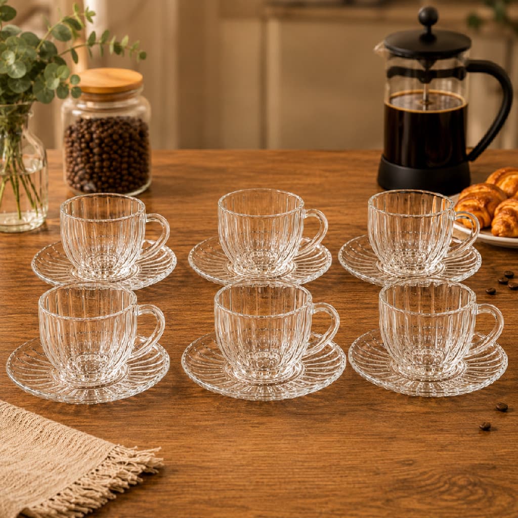 Jogo 6 Xícaras com Píres Vidro 100ml Rosewood Café Chá Luxo Requintado Mesa Posta Transparente Detalhado Grande