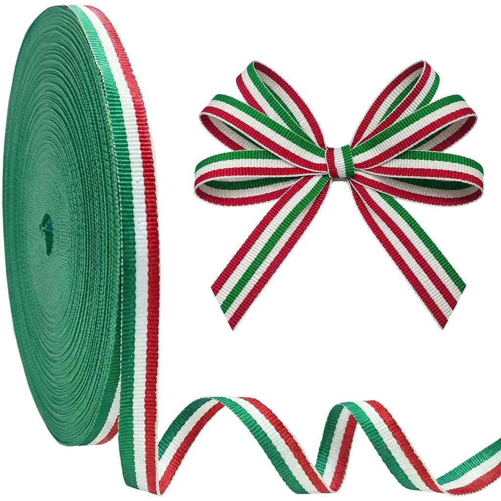 Fita de Gorgurão Listrada Vermelha, Branca e Verde, 3/8 Polegadas (10mm) 55 Jardas, Fita Decorativa de Poliéster para Fe