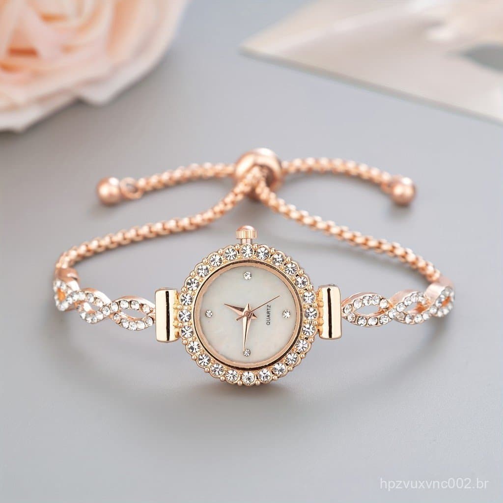 Relógio de Luxo com Pulseira de Quartzo com Strass, Mostrador Iridescente Elegante, Relógio de Pulso Analógico Feminino