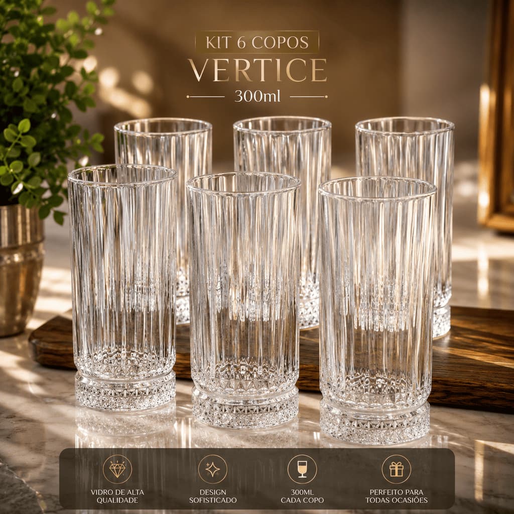 ✨ Jogo De Copos De Vidro 6 peças Vértice 300ml Cristal Transparente Luxo 🥂