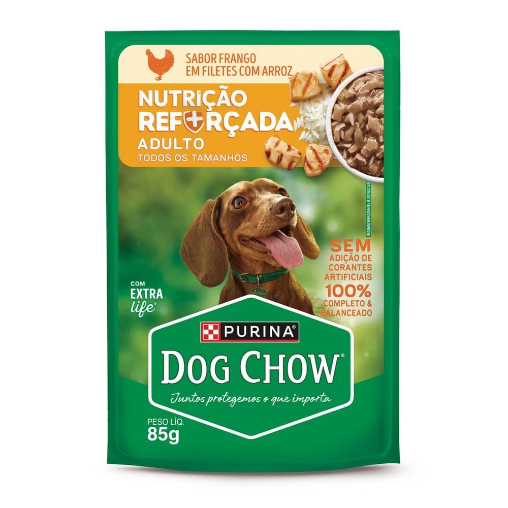 Ração Úmida para Cachorro Dog Chow Nutrição Reforçada Adultos Extra Life Sabor Frango em Filetes com Arroz Sachê 85g