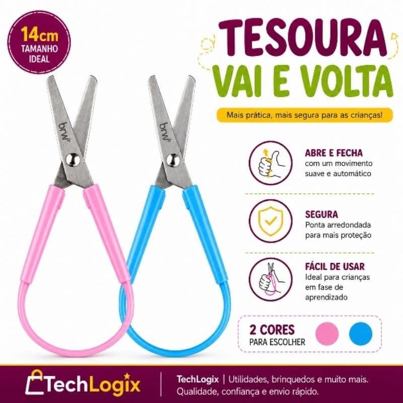 Tesoura Vai e Volta Infantil 14cm BRW Escolar Autoabertura Ponta Arredondada Rosa Azul