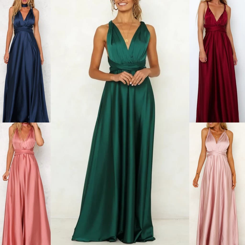 Vestido longo v novo estilo vestido de noite cor sólida europeu americano roupas femininas banquete verão cetim profundo
