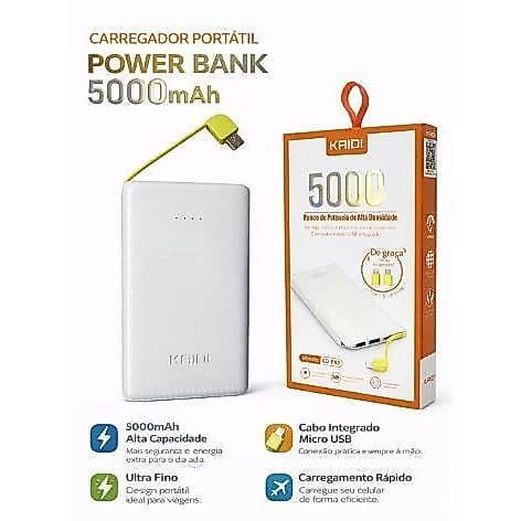 Power Bank Carregador Portátil Kaidi KD-952 5000mAh Slim Ultra Fino com Cabo Integrado