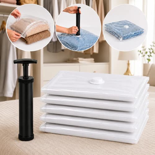 Kit 6 Peças Sacos a Vácuo com Bomba Manual para Roupas Edredons Cobertores Organização Viagem Reutilizável