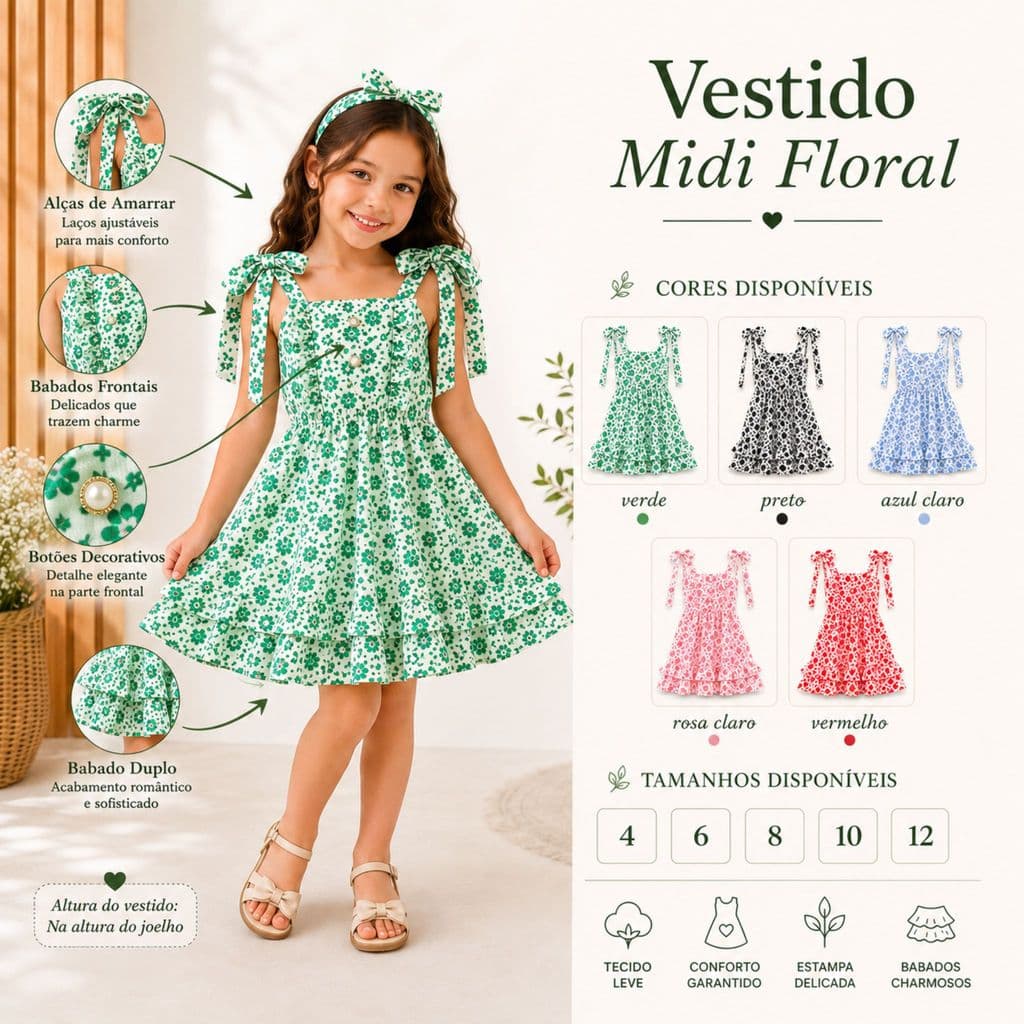Vestido Midi Floral Infantil Com Laços Nos Ombros, Babados E Botões Decorativos