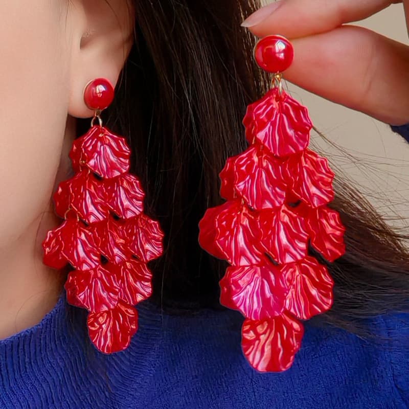 Brincos Longos com Franjas de Pétalas Vermelhas Exquisitos para Mulheres, Brincos Pendentes Elegantes