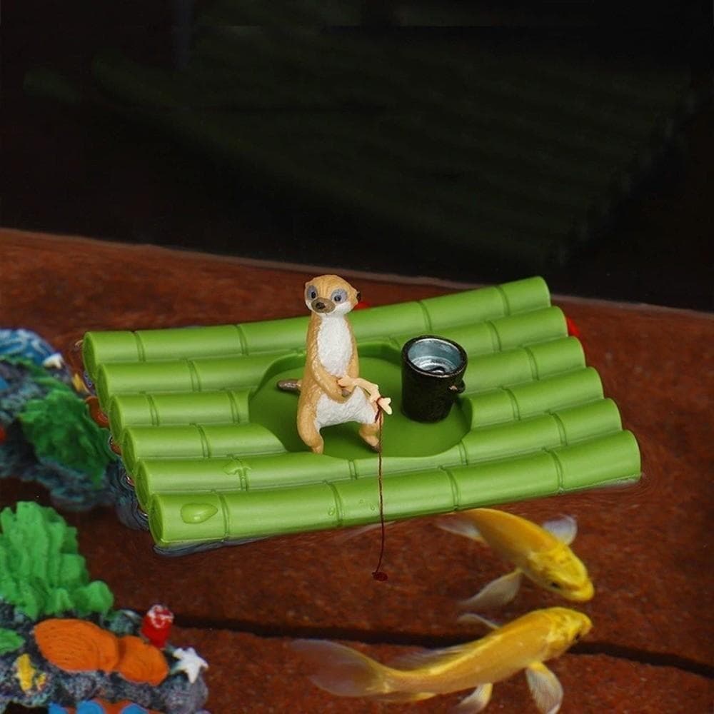 Decoração De Jangada De Bambu Para Aquário , Pesca De Panda Flutuante Automática Realista , Mini Decorações De Tanque De