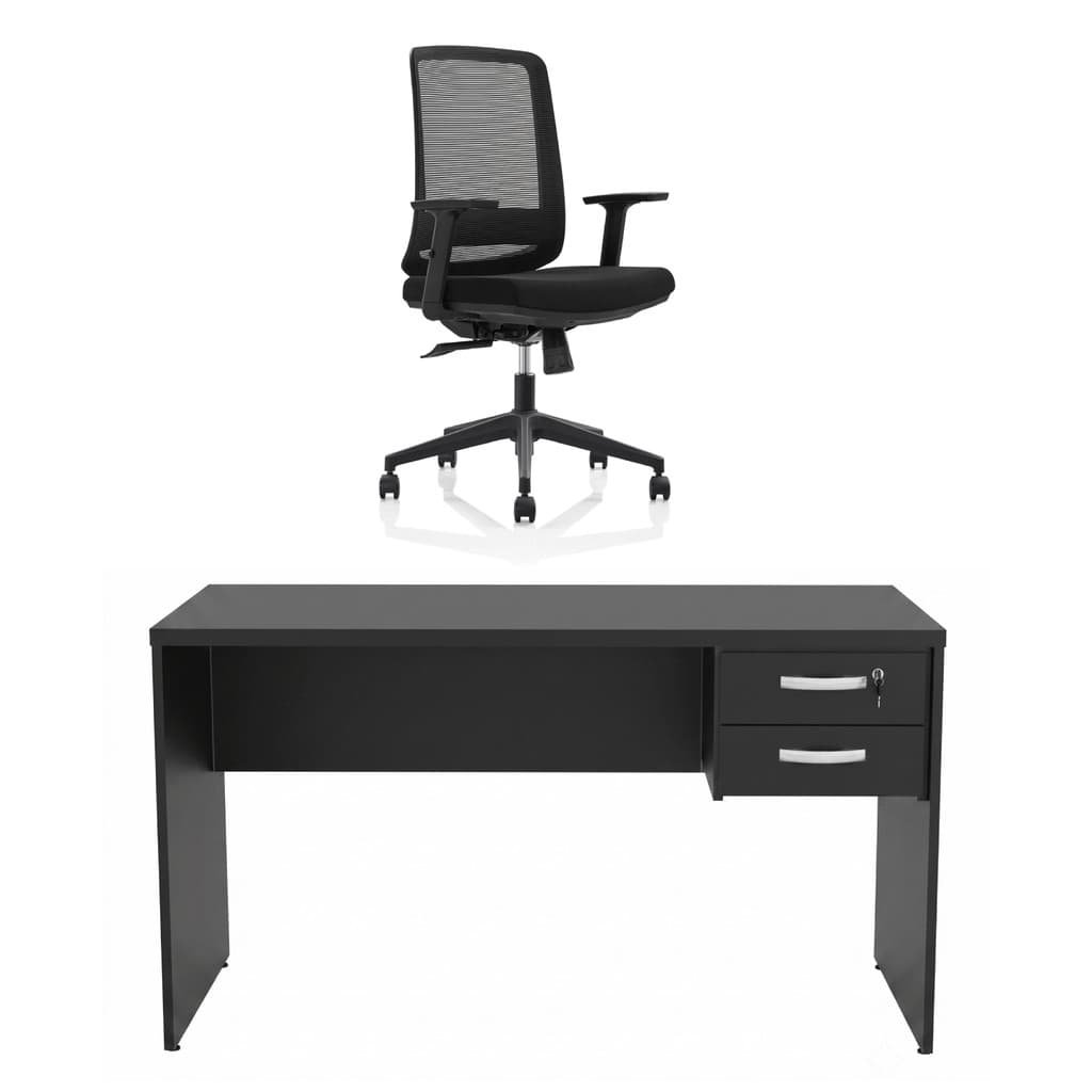 Kit Mesa De Escritório 140x60cm Com Gaveta + Cadeira Netflex