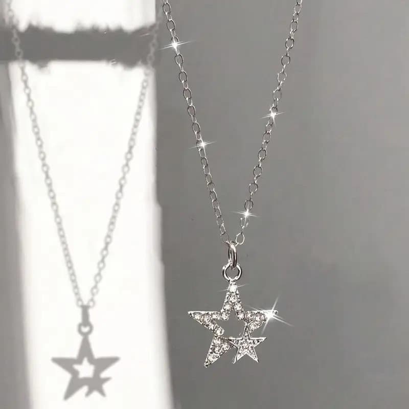Colar Estrela Brilhante com Pingente de Estrela de Strass Y2k, Estilo Kawaii, Fofo e Estético, Corrente de Aço Inoxidáve