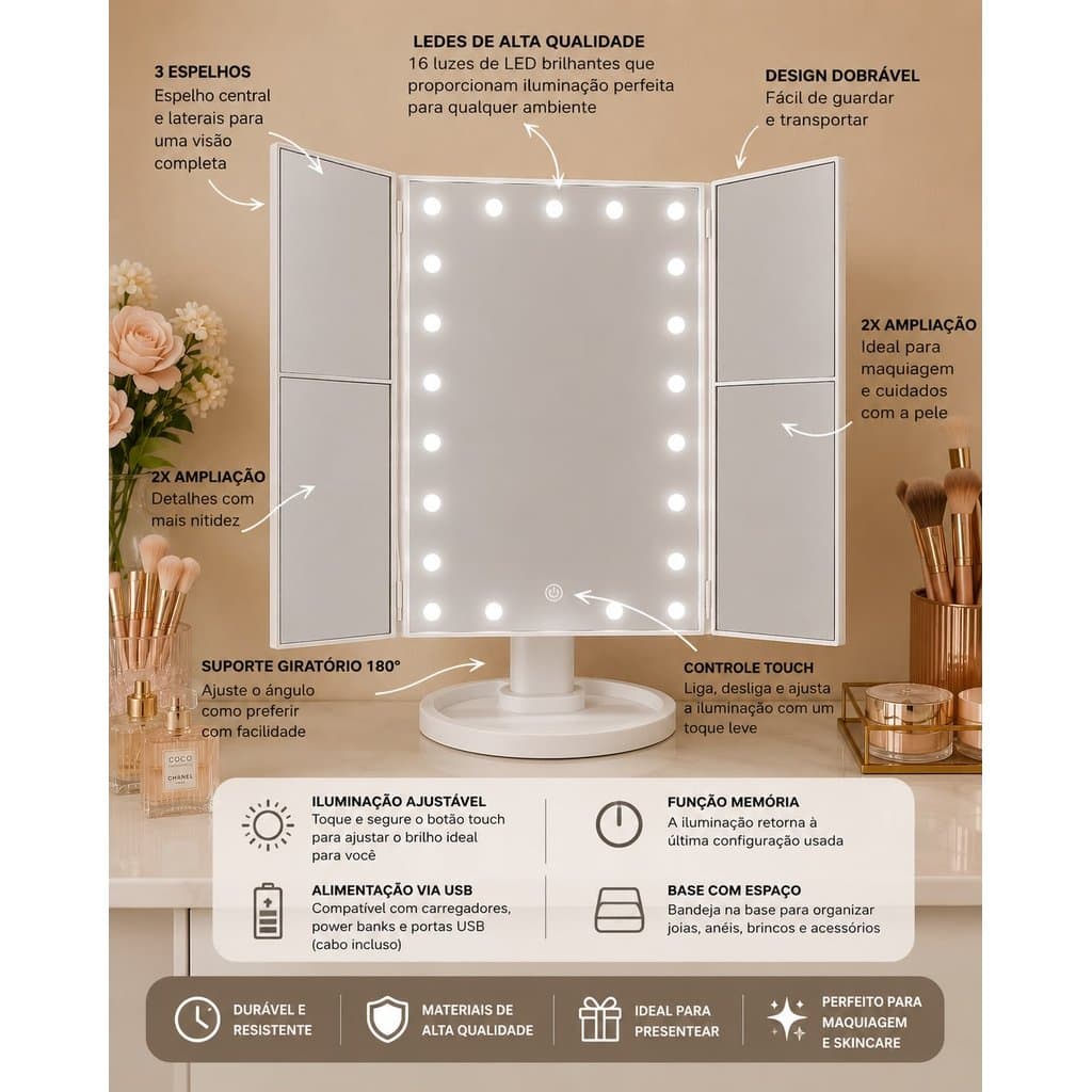 Espelho de Maquiagem com Led 3 Dobras Touch USB Espelho de Mesa com Luz Ajustavel Bandeja Organizadora Giro 180 Graus