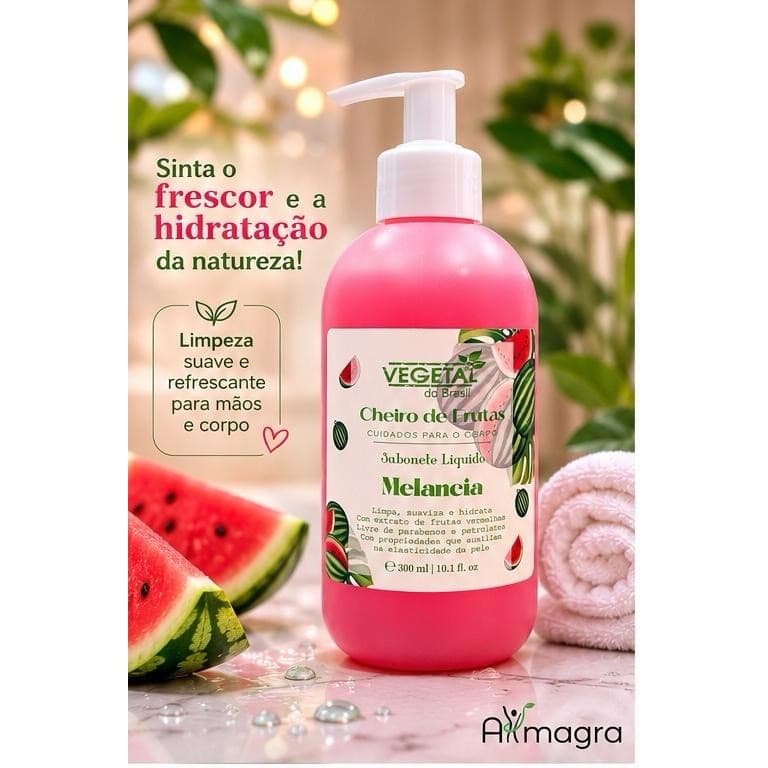 SABONETE LÍQUIDO DE MELANCIA – CHEIRO DE FRUTAS | VEGETAL DO BRASIL | LIMPEZA SUAVE E HIDRATAÇÃO | 300 ML