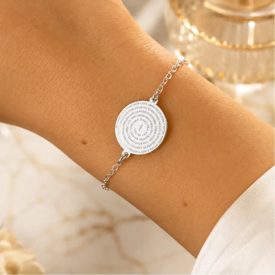 Pulseira Feminina Prata Legítima Com Pingente Pai Nosso Delicada Elegante