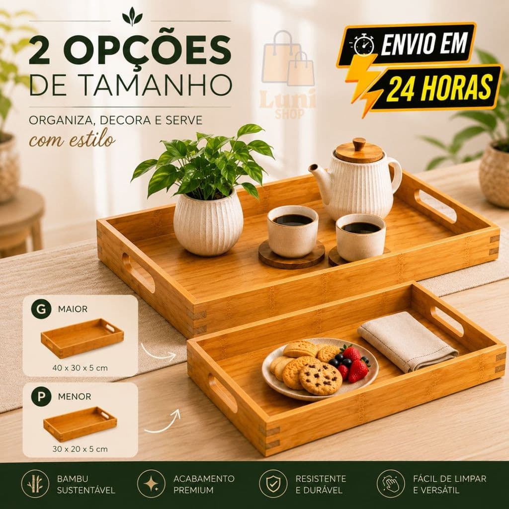 Bandeja Bambu Retangular Multiuso com Alças Embutidas Servir Café da Manhã Decorativa Cantinho do Café Cozinha Lavabo