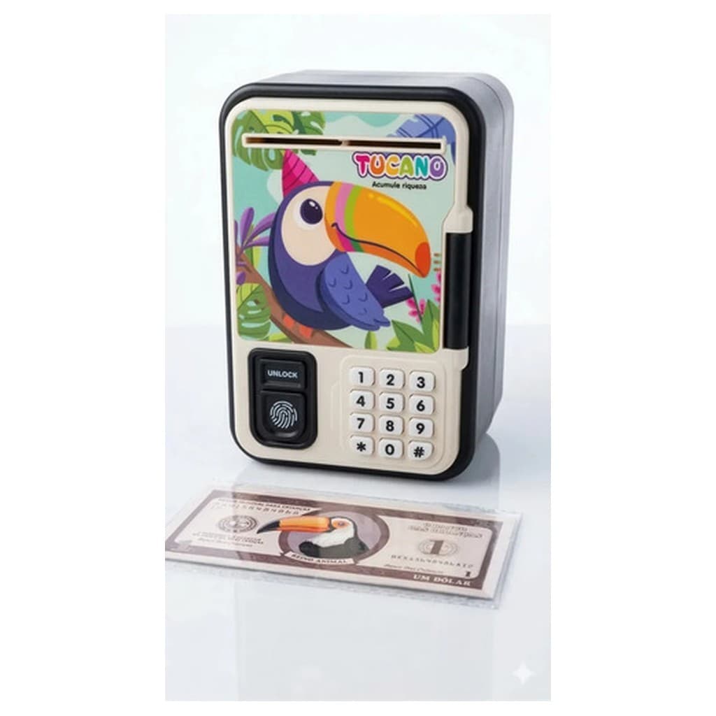 Cofre Digital Eletrônico Hibull Cofrinho Infantil Tucano Biometria Senha Plástico Bege 17cm 11cm