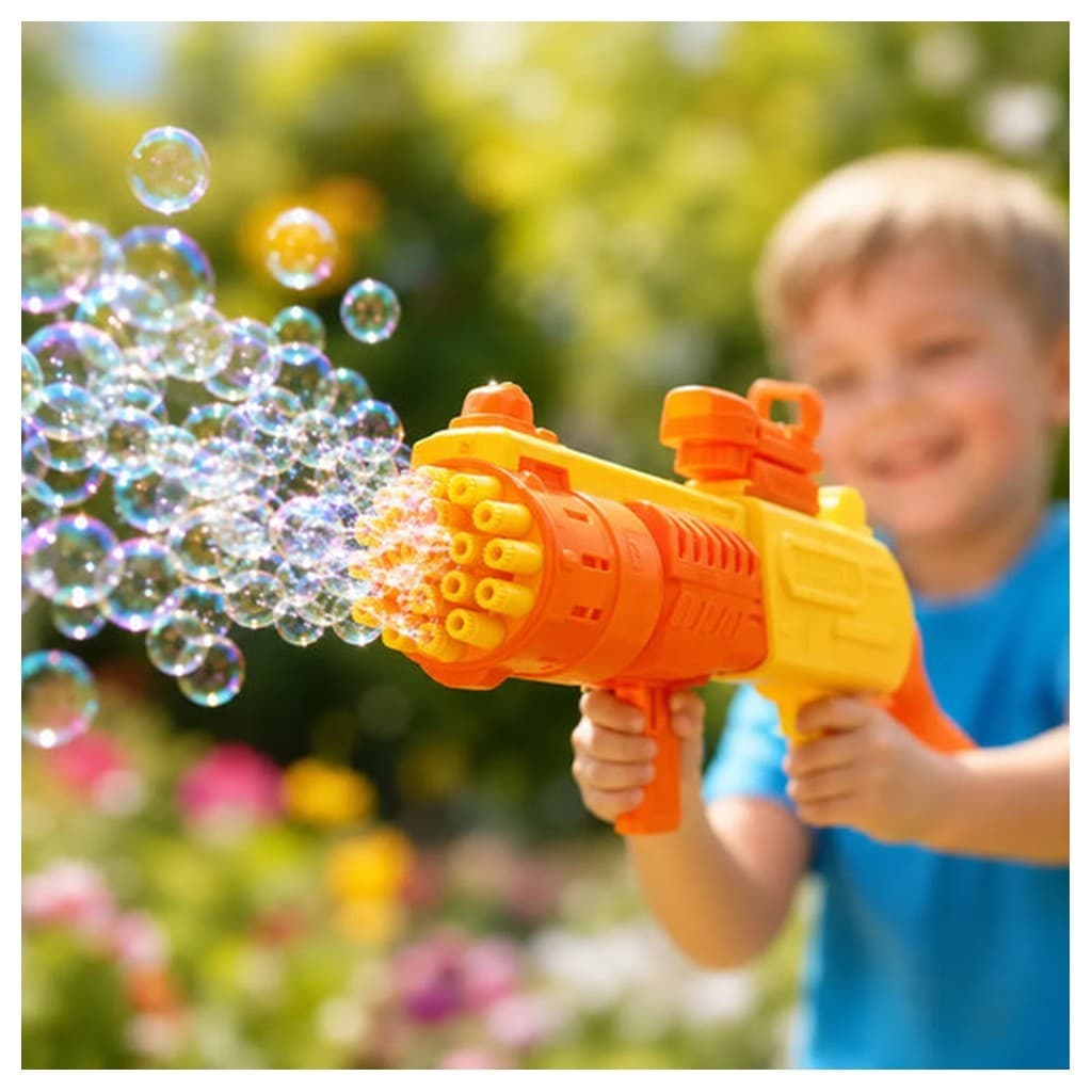 Pistola Bolhas Bubble Duck Hibull Lança Bolhas Automático Amarelo Brinquedo Criança 6 Anos 19 Furos Luzes Piscantes