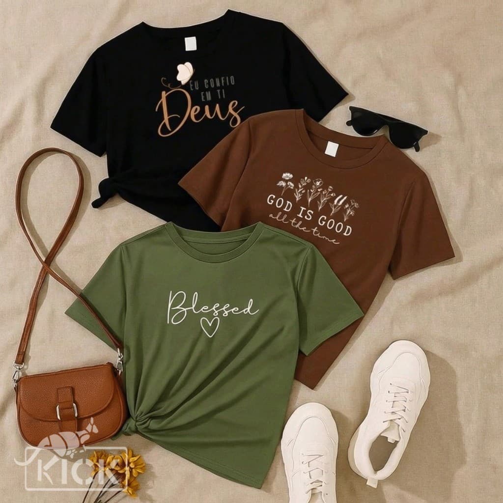 Kit 3 Camisetas Algodão Femininas Gospel  Cristãs  Frases Religiosas – Confortáveis e Estilosas