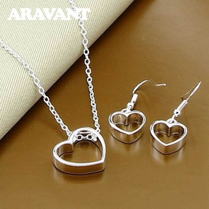 Conjunto de Colar e Brincos em Prata 925 com Coração Oco Aravant, Ideal para Joias de Casamento Femininas 4HTO