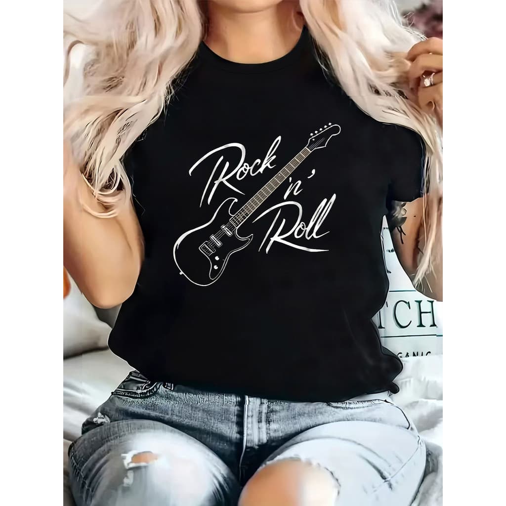 Camiseta Feminina Guitarra Rock 'n' Roll Básica Manga Curta 100% Algodão