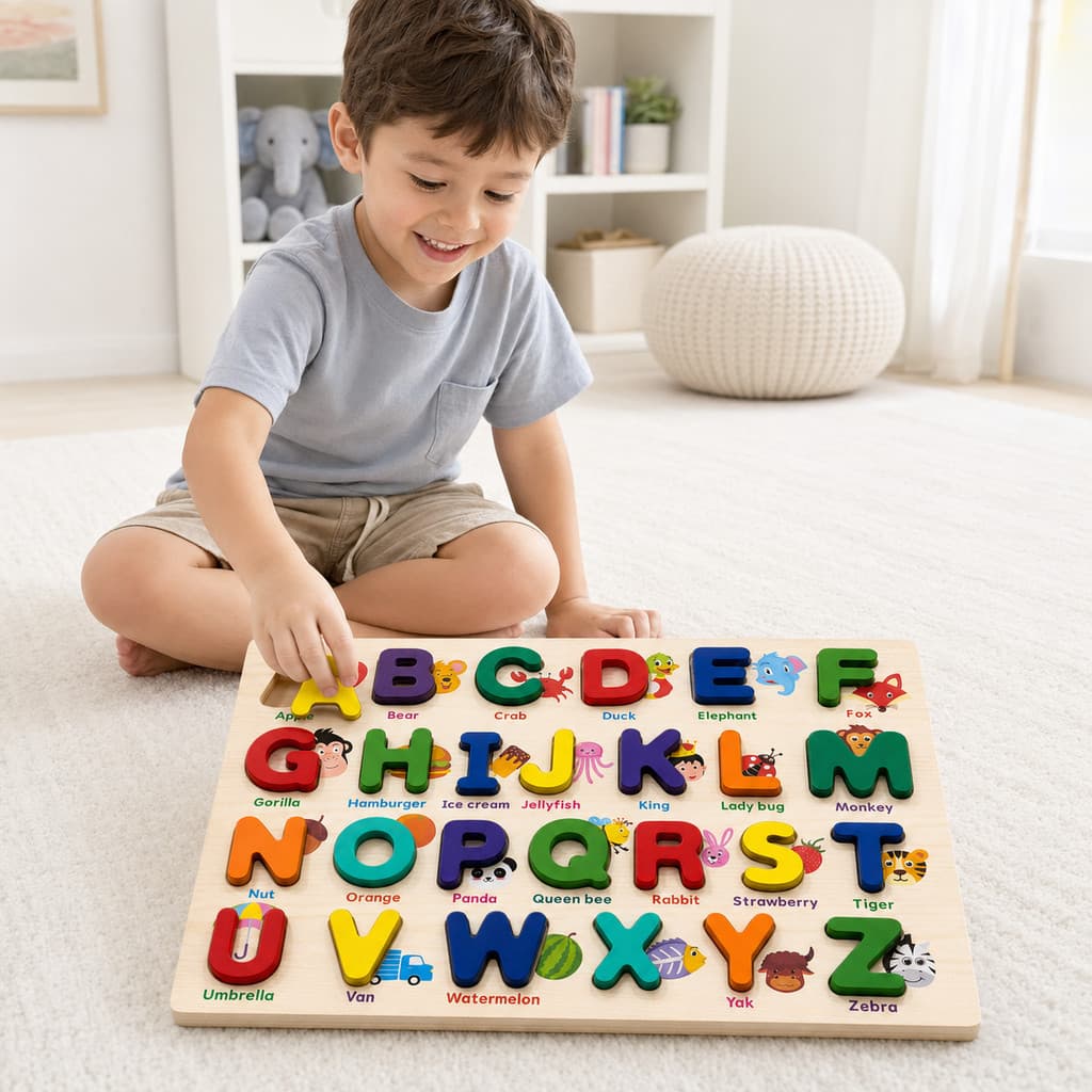 Alfabeto Educativo com letras Aprenda Brincando em Madeirado 26 Peças Didático Infantil e Inglês