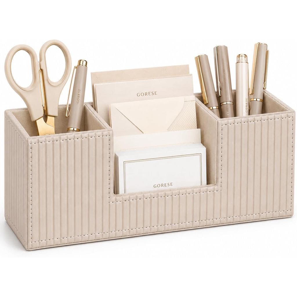 Suporte para Canetas GORESE para Mesa, Organizador de Mesa Pequeno em Couro para Escritório, Bege |   Organizador de Mes