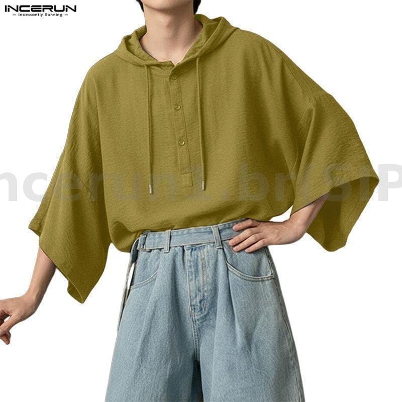 Camisa Masculina INCERUN Estilo Casual Esportivo Coreano com Capuz e Cordão, Corte Solto, Manga 3/4