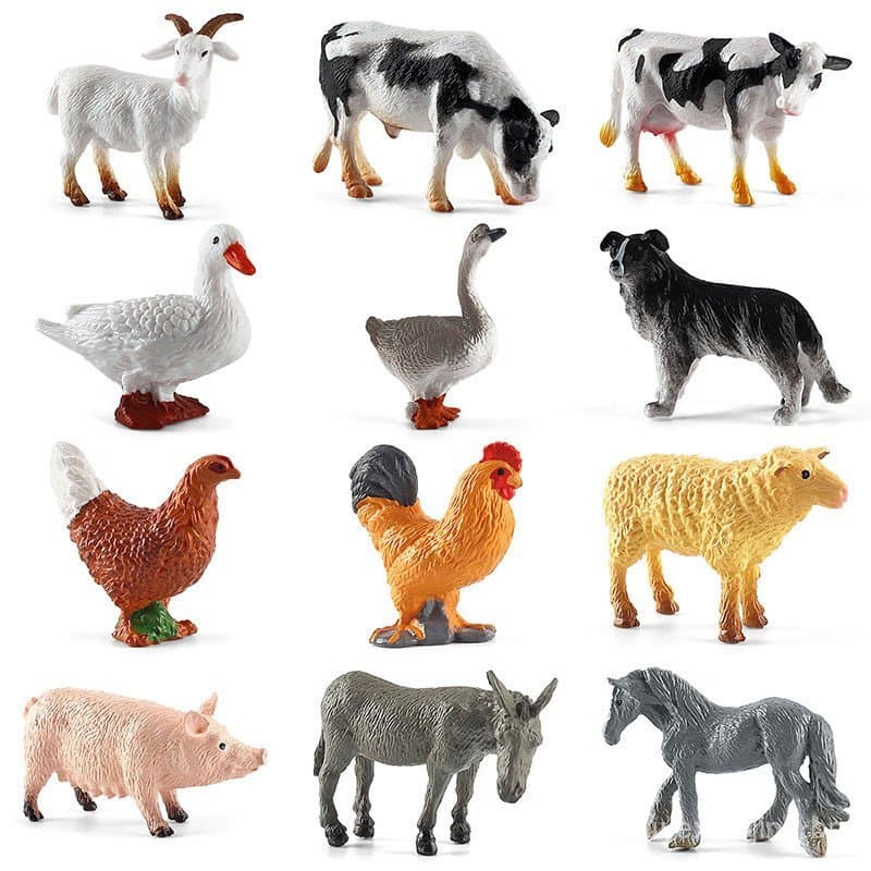 12 modelos realistas de animais de fazenda, ornamentos sólidos de aves, frango, pato, vaca e ovelha