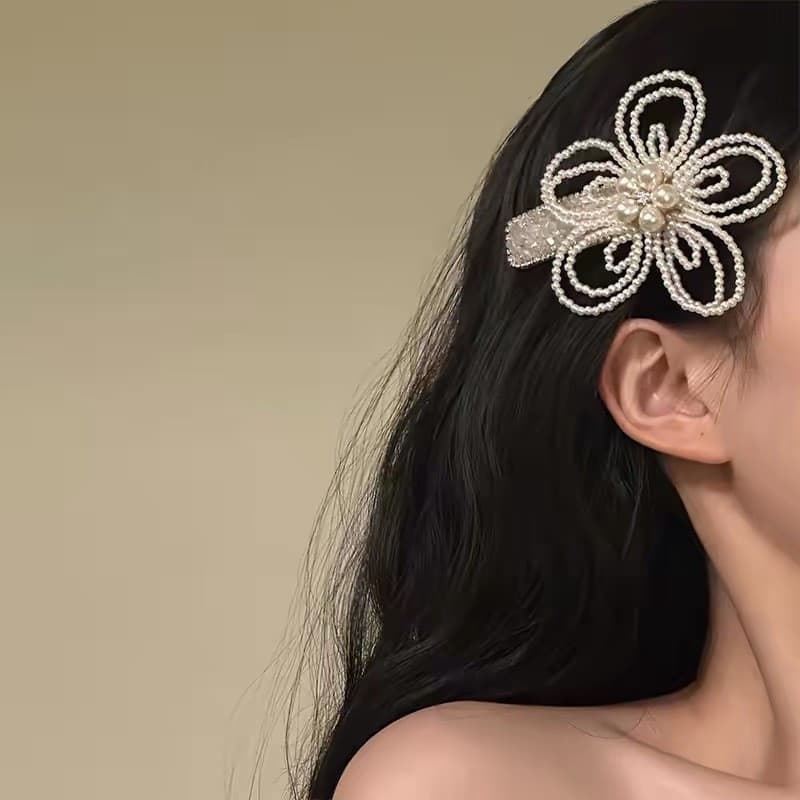 [Estoque pronto] Requintado feito à mão pérola flor garra clipe feminino cabeça traseira cabelo tubarão clipe meia grava