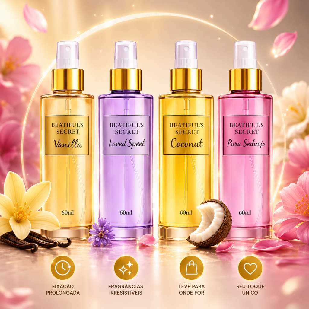 Kit 4 Body Splash Feminino Secret Vanilla Loved Speel Pura Sedução Coconut 60ml