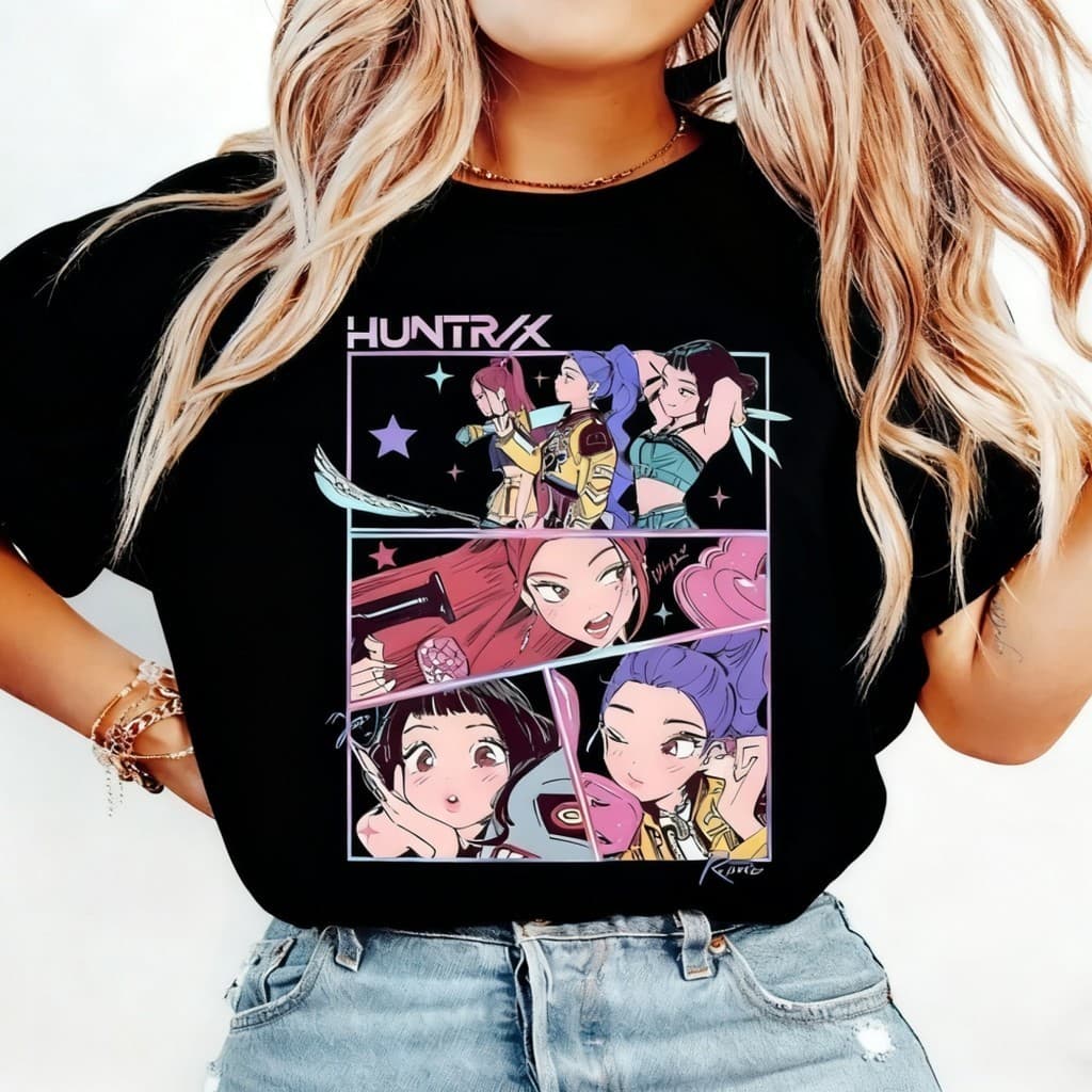 Camiseta Feminina Retro Kpop Demon Hunters Jinu Manga Huntrix Mira Rumi Joey Saja Girls Streetwear