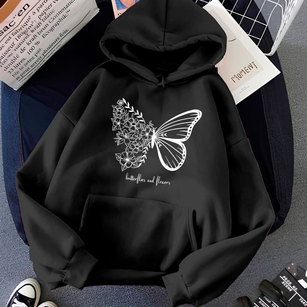 Blusa de Frio Moletom Butterflies and Flowers Capuz Cordão Bolso Canguru