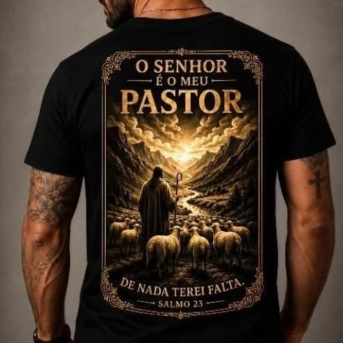 Camiseta Masculina Plus Size Preto Branco Tam Até G5 Cristã O Senhor É Meu Pastor Salmo 23 Estampada