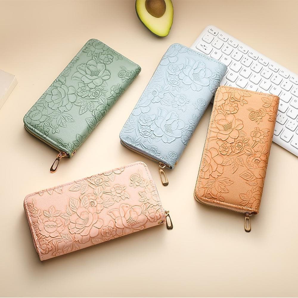 Carteira Floral Em Relevo De Alta Qualidade , Resistente Ao Desgaste , Pu Premium , Elegante , Multifuncional , Bolsa De