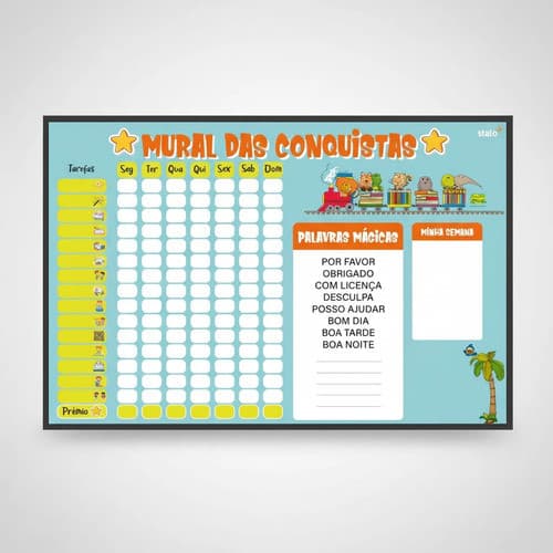 Mural das Conquistas Quadro Planner Infantil MDF Preto 60x40cm Stalo Rotina Tarefas Recompensas Crianças 3 a 12 Anos