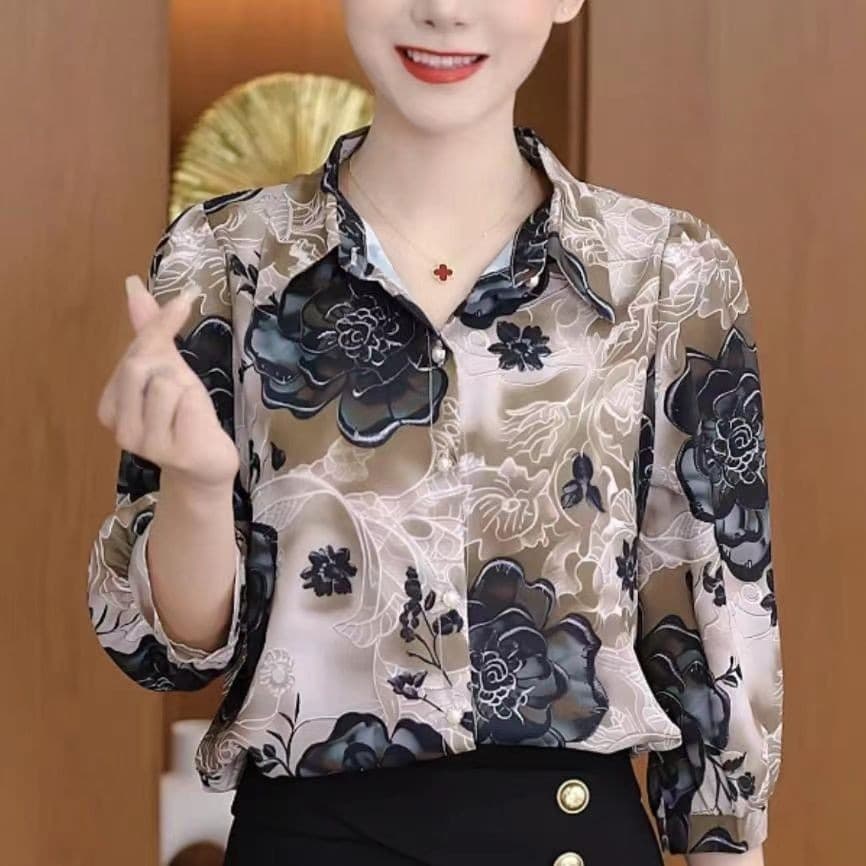 Blusa Floral Feminina Estilo Retrô Coreano Camisa de Chiffon de Verão Manga Curta Decote em V CRXN
