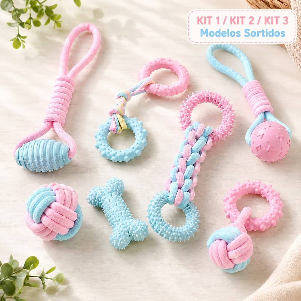 Brinquedo Mordedor para Cães com Corda Bola Anel Borracha Cores Pastel Modelo Sortido Filhotes
