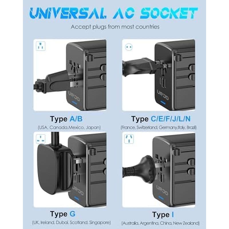 Adaptador de viagem Universal, 30W 6.0A adequado para Europa Reino Unido 200+Country | 5 portas USB C/A, soquetes CA de