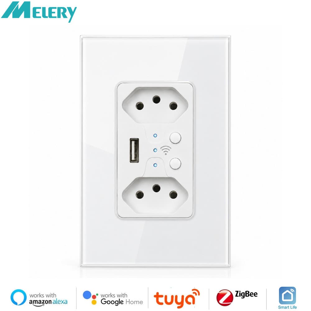 Melery Inteligente Zigbee Brasil Tomada De Parede USB Elétrico 10A Plug Tomadas PC Painel Vidro Remoto Tuya Alexa Google