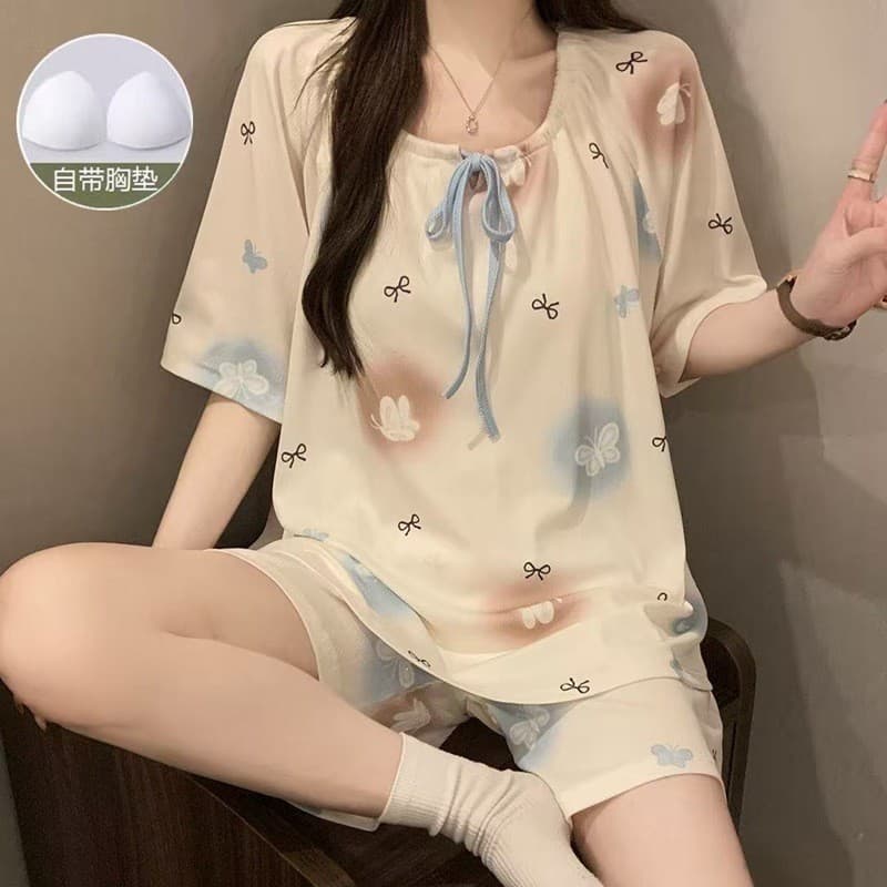 Pijamas femininos de manga curta, pijamas femininos de verão com rosca de seda gelada, versão coreana doce, conjunto sol