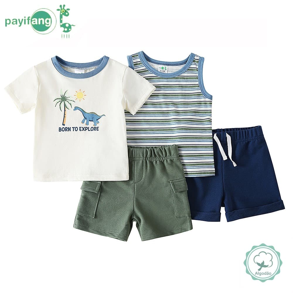 Conjunto Infantil Menino 3 Peças Camiseta Regata Shorts Verão Estampa Dinossauro Roupa Bebê