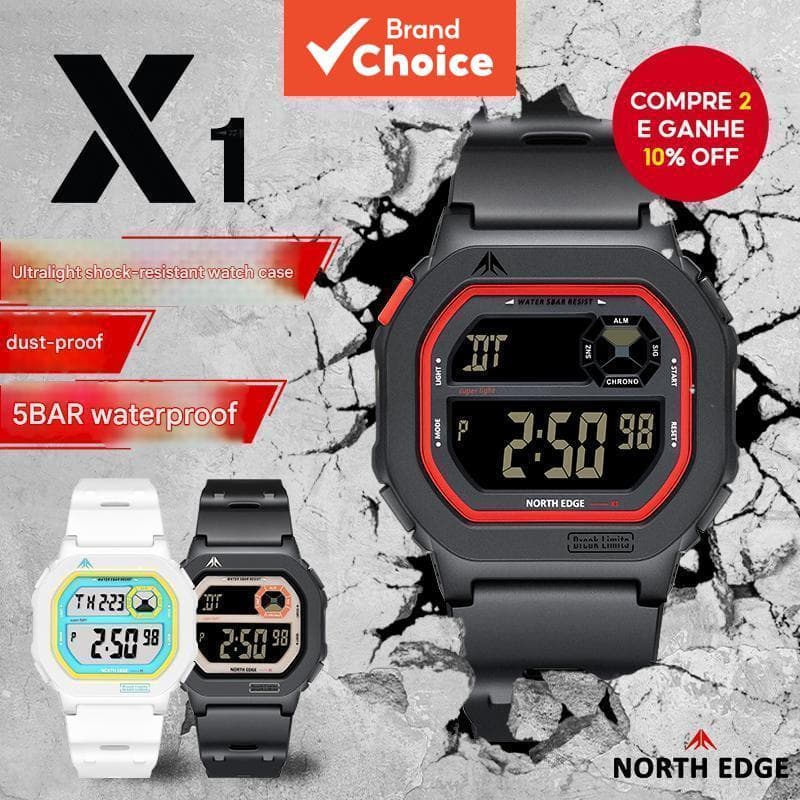 NORTH EDGE X1 Relógio Esportivo Digital à Prova de Choque e Água 50M com Tela Quadrada, Cronômetro, Contagem Regressiva