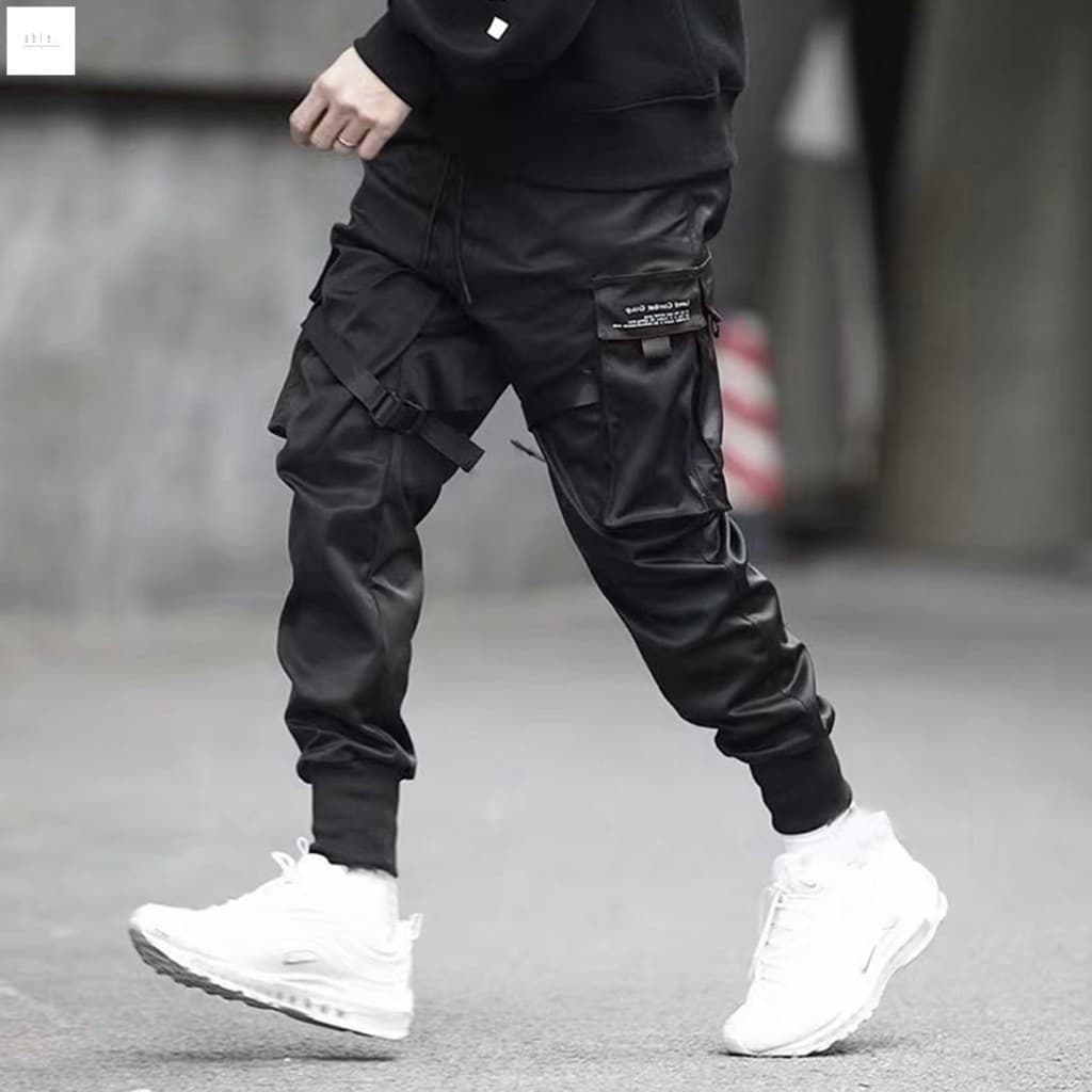 Calça Cargo Casual Solta Com Vários Bolsos Para Homens , Tecido De Algodão Premium , Tornozelo Elástico , Cordão Ajustáv