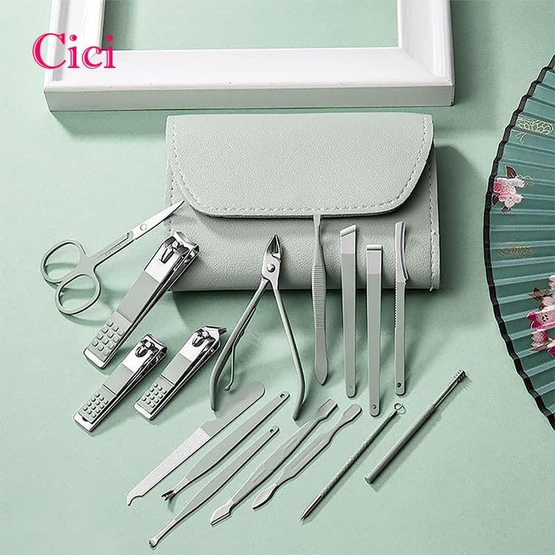 [Cici] Conjunto De Cortador De Unhas Verde Matcha De 16 Peças , Kit Multifuncional De Manicure Doméstica Com E Tesoura