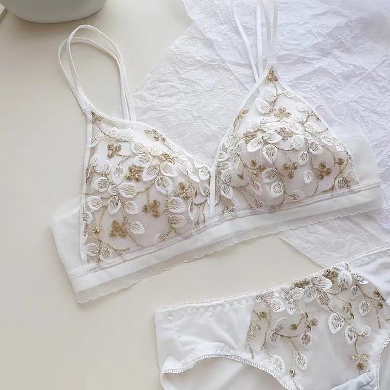 Bordado triângulo copo roupa interior de renda francesa feminino seios pequenos reunindo lindo conjunto de sutiã traseir