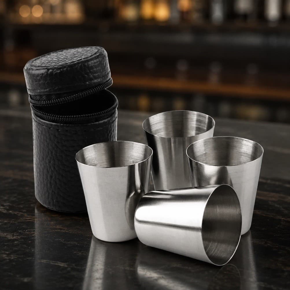 Kit 4 Copos Tequila Shot Dose Inox + Estojo Portátil 30ml